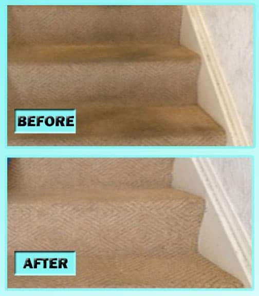 Carpet cleaning on a residential staircase — before and after.